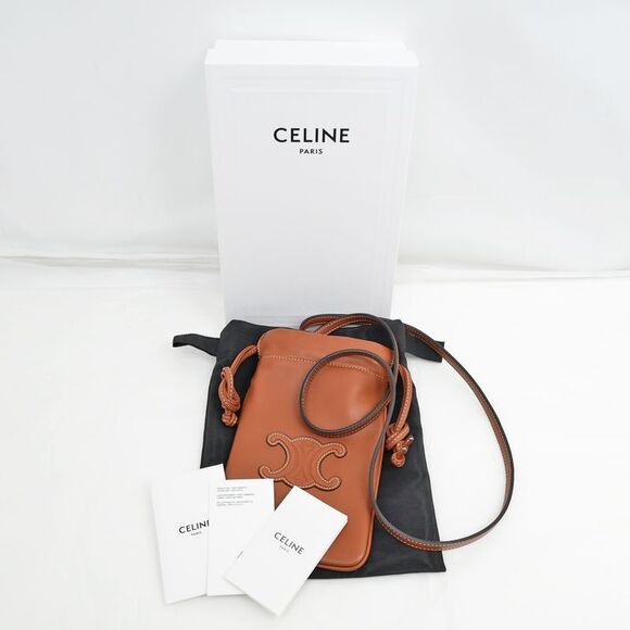 Celine Drawstring Mobile Pouch Shoulder Bag Cuill Triomphe Tan Brown - Picture 10 of 10